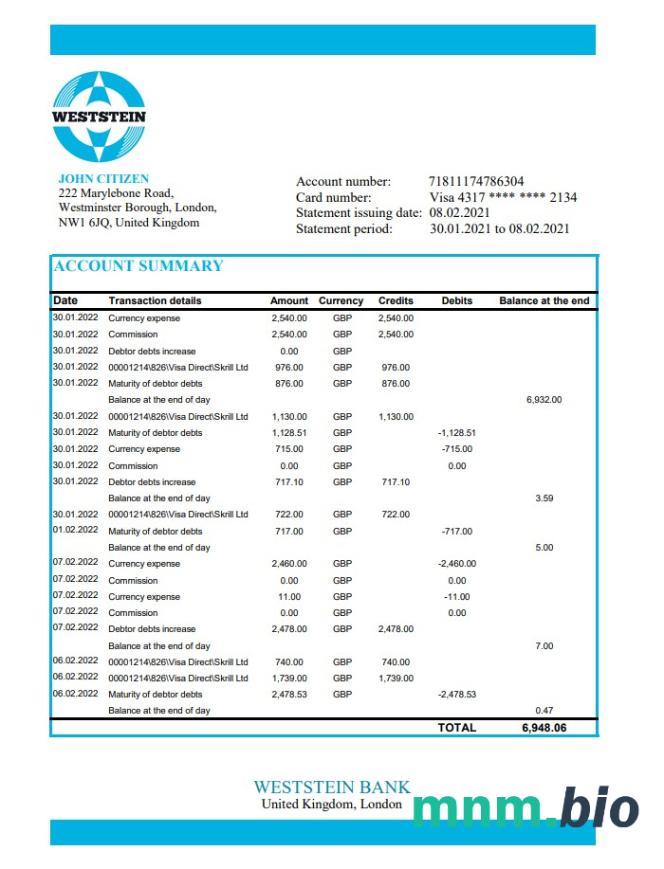 Wielka Brytania Weststein Bank Word